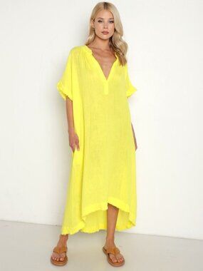 9SEED Tunisia Caftan in Limonata Yellow Oversized Bohemian Maxi Cover Up OS Swim